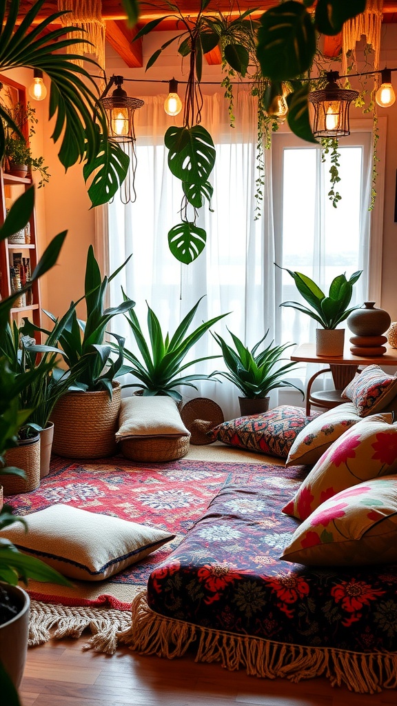 A cozy lounge area featuring colorful floor cushions, plants, and warm lighting.