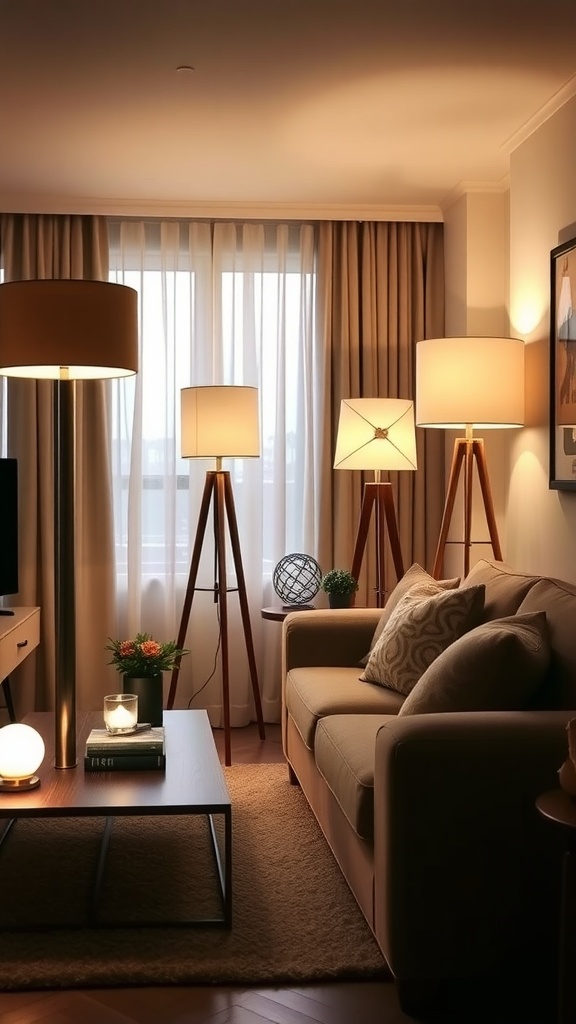 A cozy living room with multiple stylish floor lamps, creating warm lighting and an inviting atmosphere.