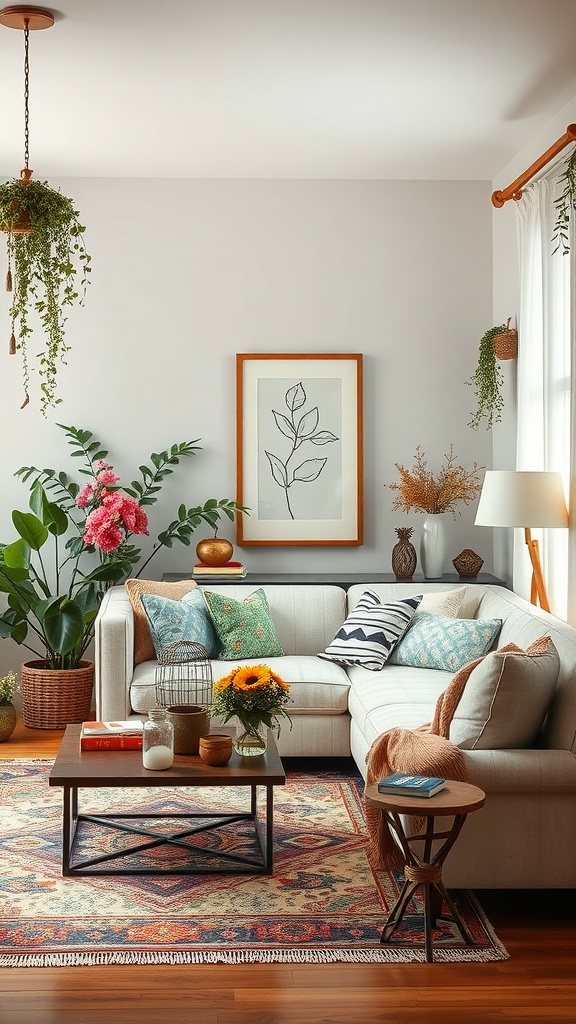 Bright living room with floral and botanical accents, featuring a cozy sofa, colorful pillows, and lively plants.