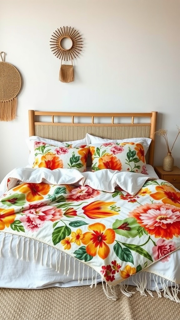 A colorful boho bedding set with floral patterns and fringe detail on the edge, styled on a bed with a light wooden headboard.