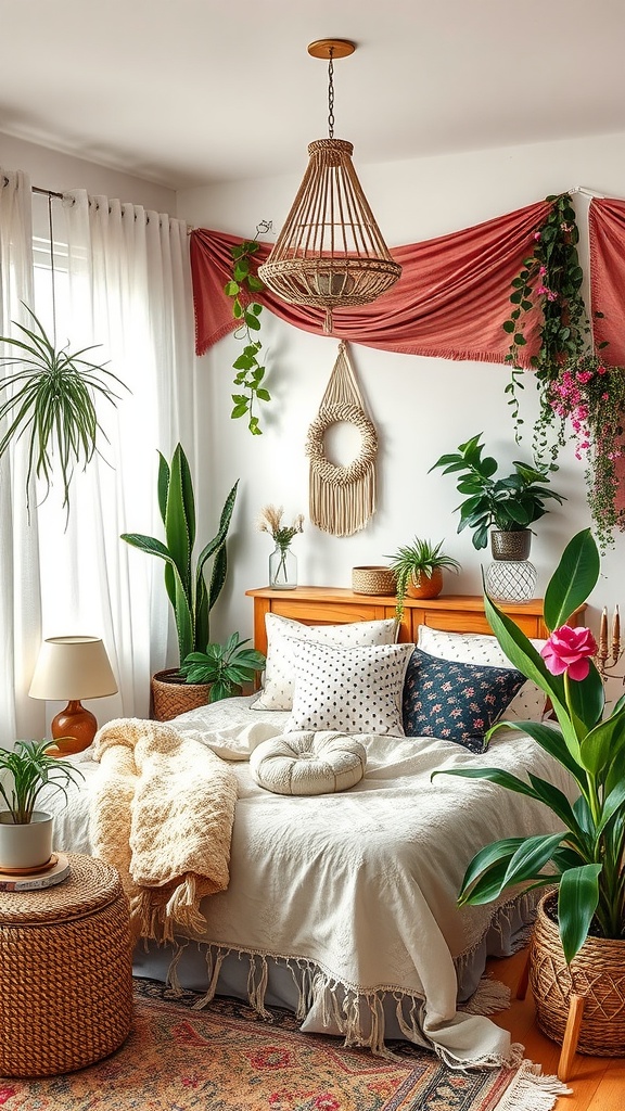 Cozy boho bedroom with plants, soft bedding, and warm decor