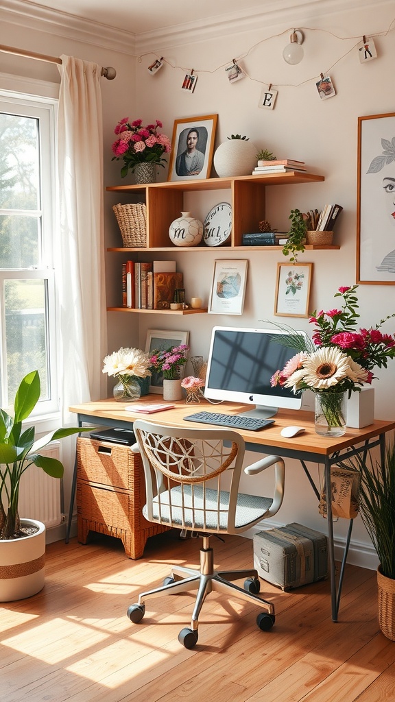 A feminine small home office featuring floral decor elements, including flowers on the desk and shelves, creating a vibrant and welcoming atmosphere.