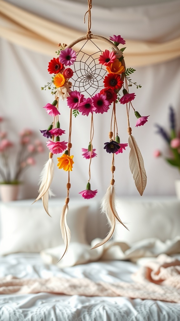 A floral dream catcher with colorful flowers and feathers hanging in a bright bedroom.