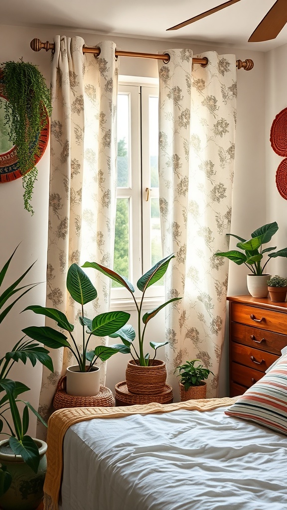 A cozy bedroom featuring floral embossed curtains, indoor plants, and warm lighting