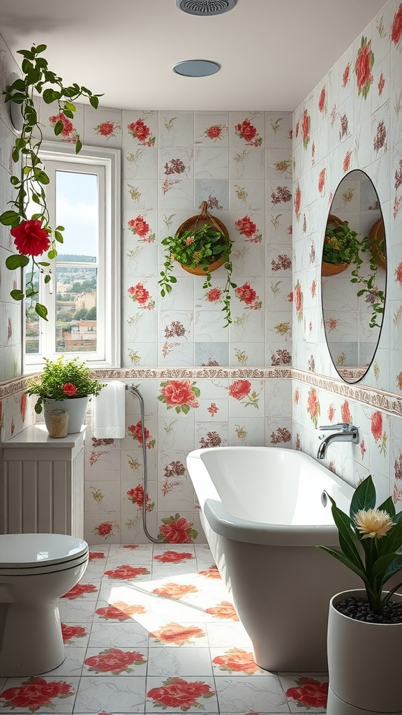 A bright bathroom with floral tiles, plants, and natural light.