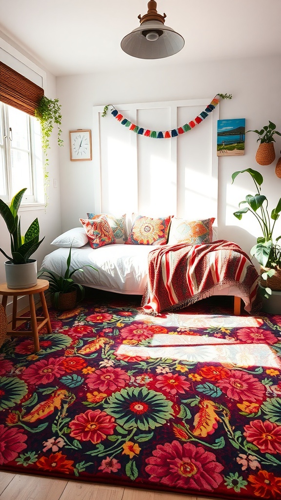 A colorful Boho style bedroom rug with floral patterns, bright pillows, and plants in a sunlit room.