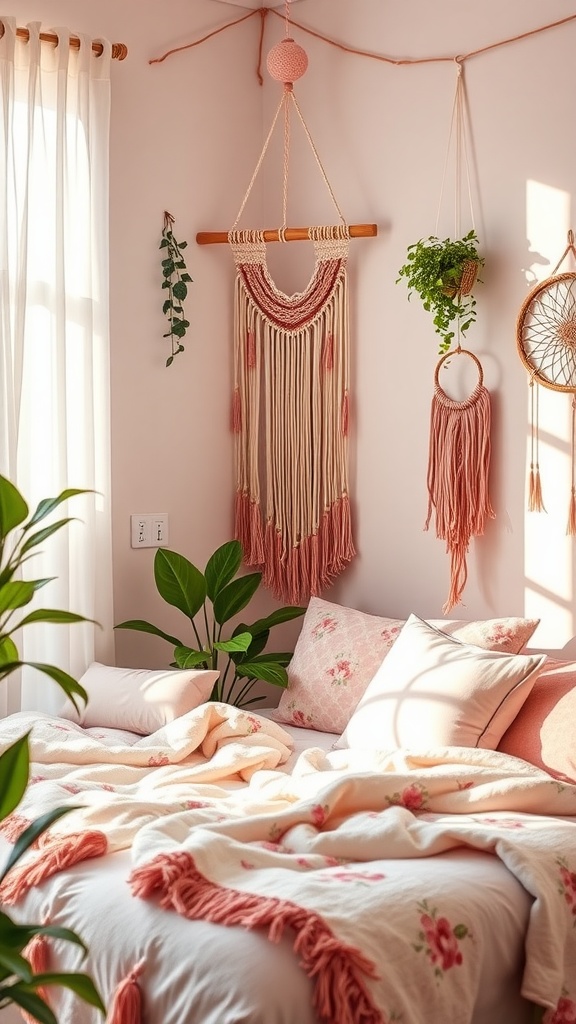 A cozy pink bohemian style bedroom with floral decorations, macramé wall hangings, and soft blankets.