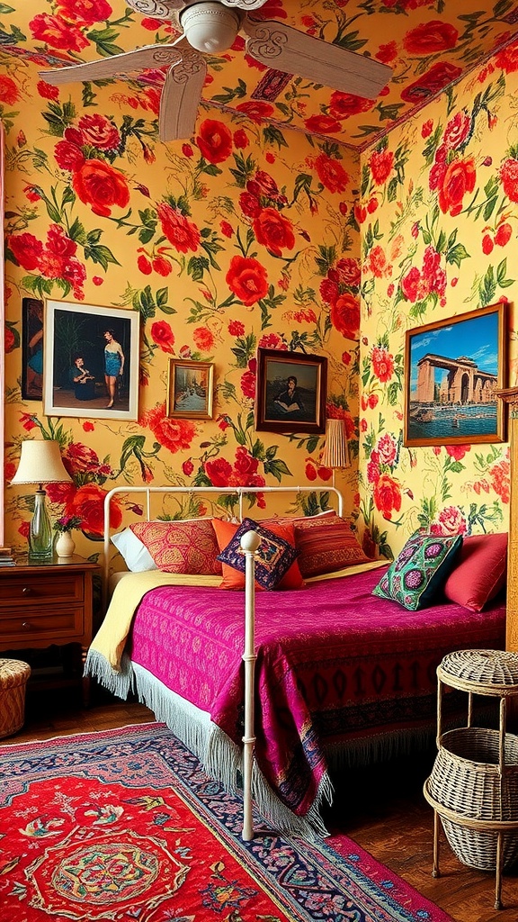 A Boho style bedroom featuring bright floral wallpaper, eclectic decor, and a cozy bed.