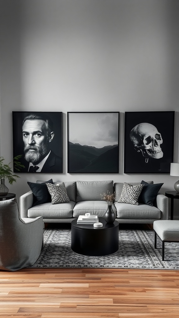 Living room with dark art pieces on the wall, featuring a man, a landscape, and a skull