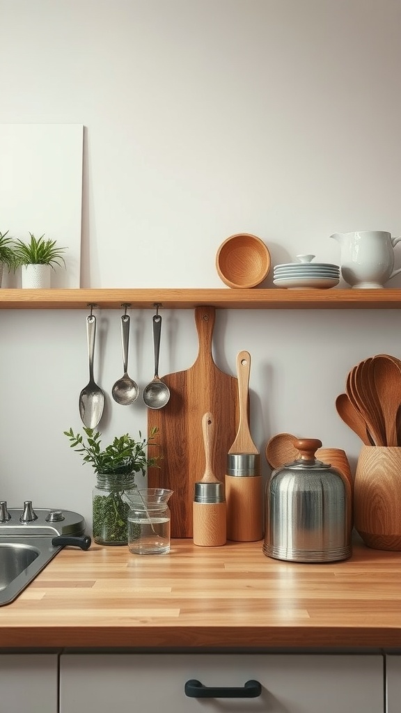 A neatly arranged kitchen countertop with wooden shelves displaying utensils and plants.