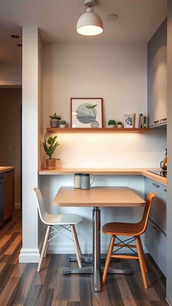 A small, modern kitchen featuring a fold-down dining table with two chairs.