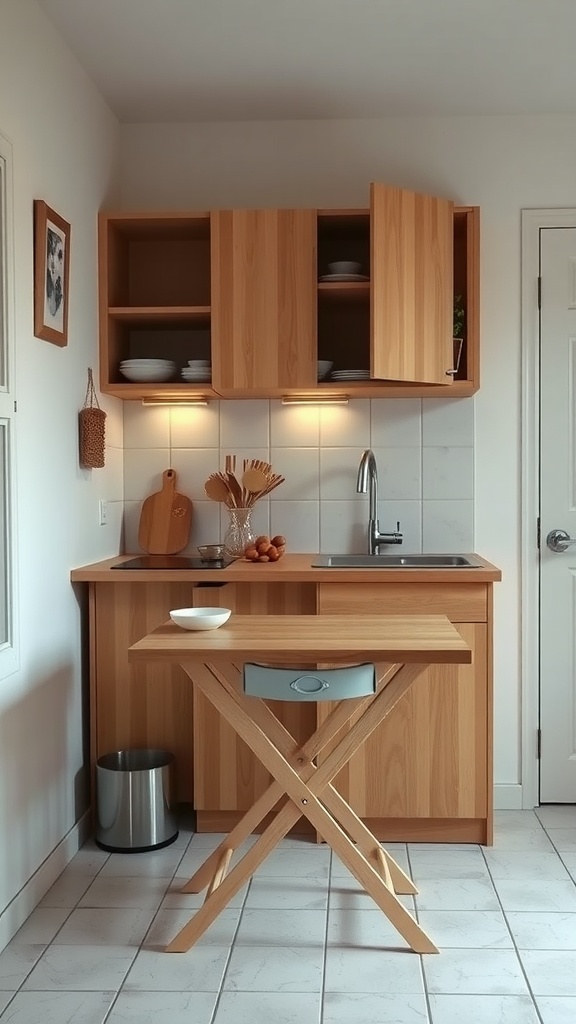 A foldable kitchen table in a cozy kitchen setting with wooden cabinetry.