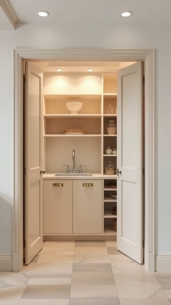 A stylish pantry with folding doors and built-in storage, featuring shelves and a small sink.