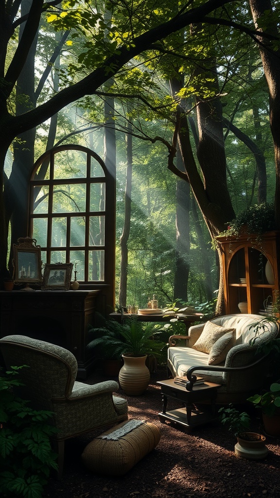 Cozy alcove in a forest with vintage furniture and natural light filtering through trees