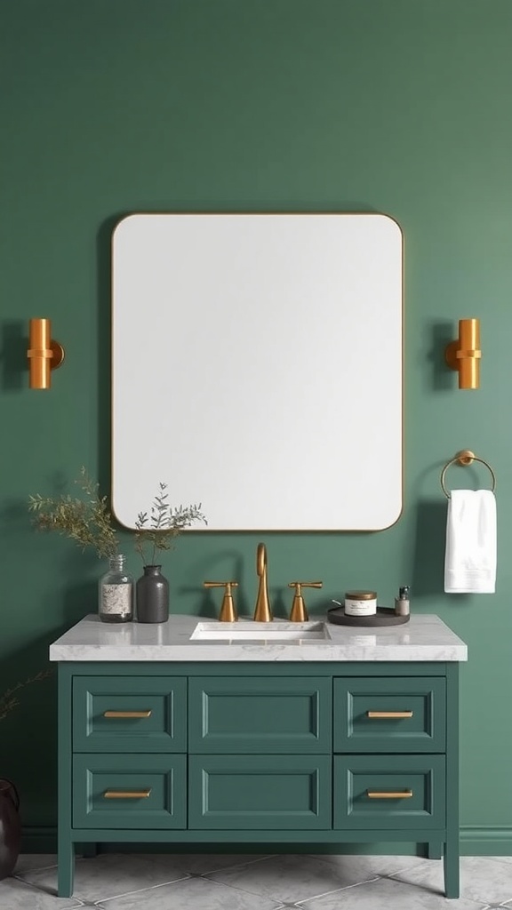 A forest green vanity with a white marble countertop and gold fixtures, featuring a mirror and decorative items.