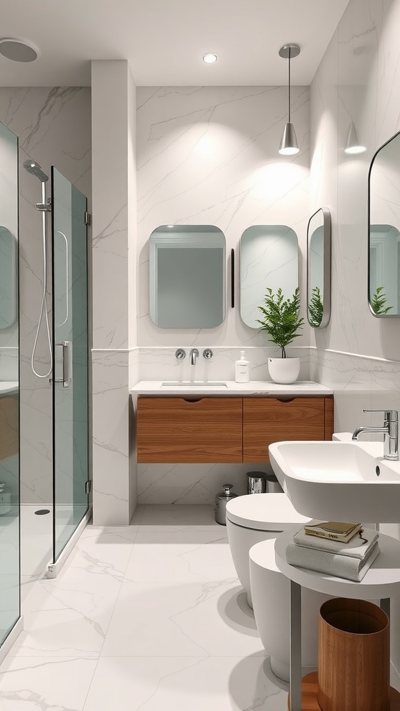 A modern bathroom featuring sleek design elements, including a glass shower, stylish mirrors, and wooden cabinetry.