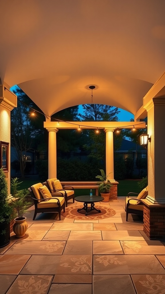 A well-lit outdoor seating area with comfortable chairs, a small table, and decorative plants under a covered area during twilight.