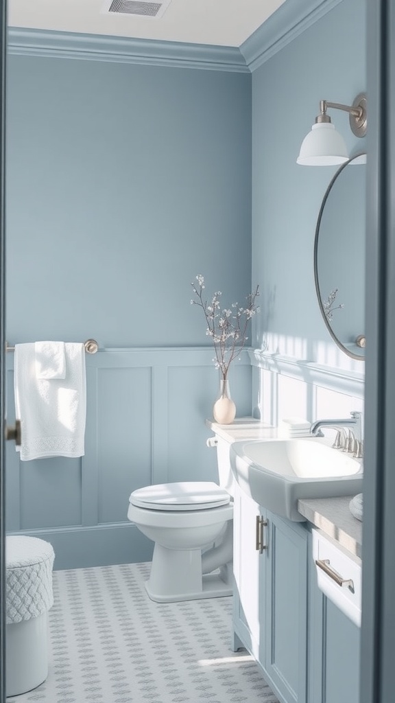A bathroom featuring Fragile Blue paint on the walls, white fixtures, and a bright, airy atmosphere.