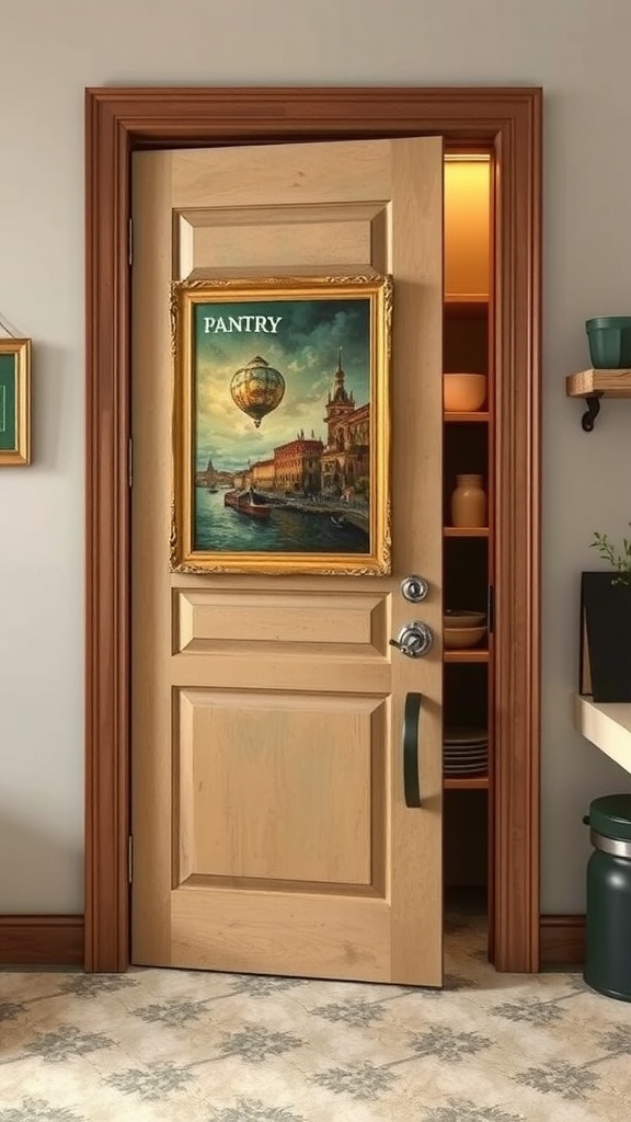Pantry door designed as a framed artwork featuring a city view and a hot air balloon.