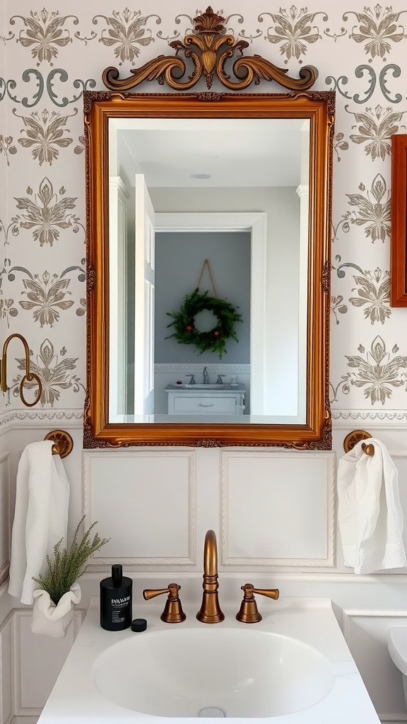 A beautifully framed mirror above a bathroom sink with golden accents and decorative wall patterns.