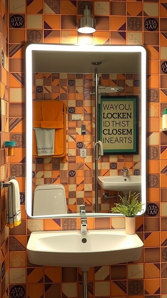 Frameless mirror in a 70s themed bathroom with orange tiled walls, colorful towels, and modern fixtures.