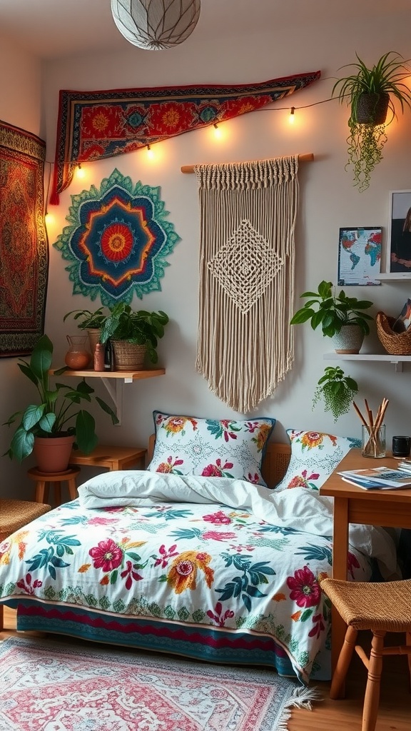 Cozy Boho bedroom decor with colorful bedding, plants, and wall hangings