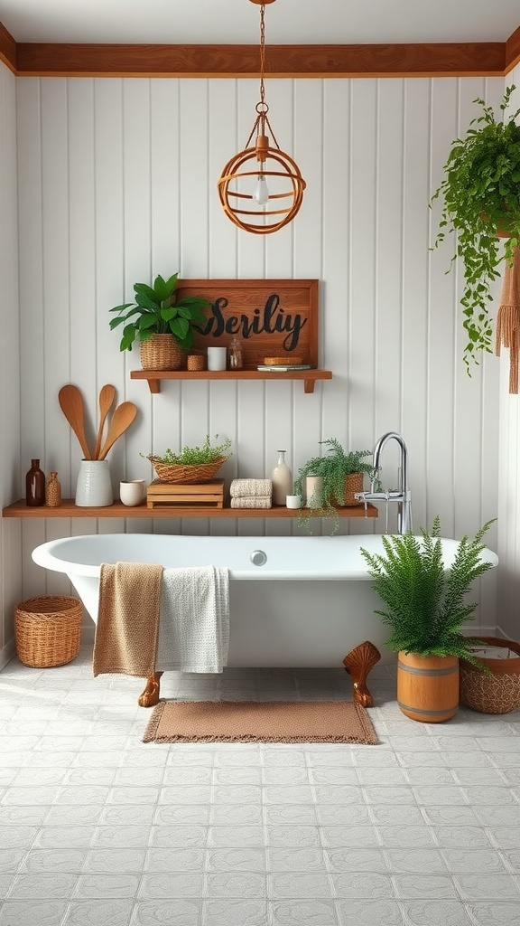 Freestanding bathtub in a farmhouse bathroom setting with wooden accents and plants.