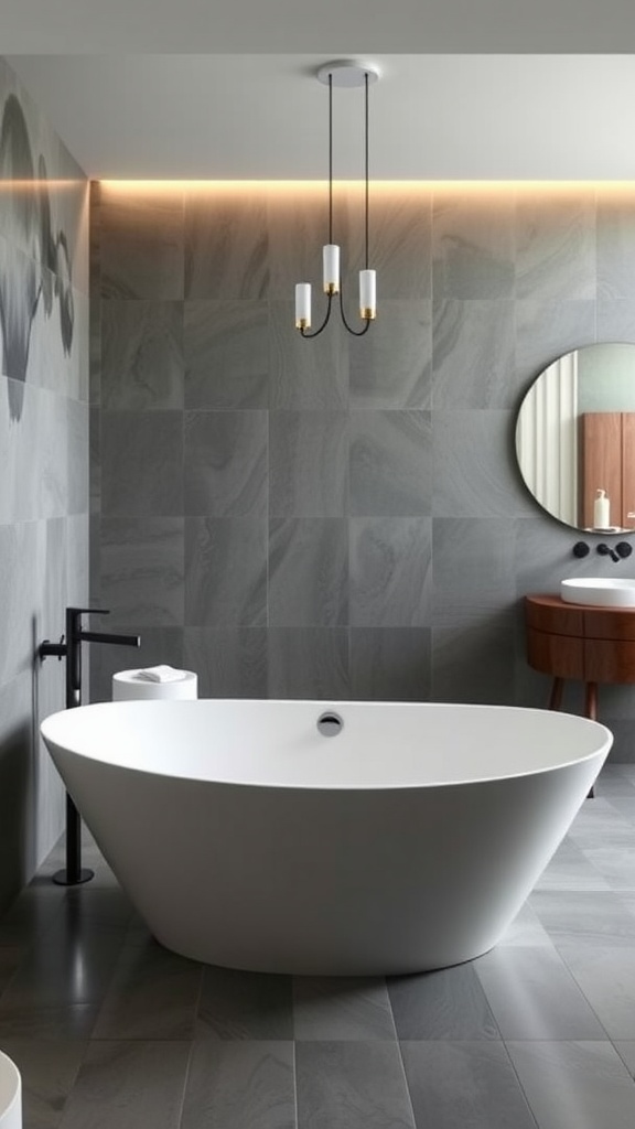 A modern bathroom featuring a freestanding white bathtub, gray stone tiles, and warm lighting.