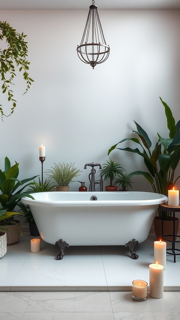 A freestanding white bathtub surrounded by plants and candles in a Boho-style bathroom