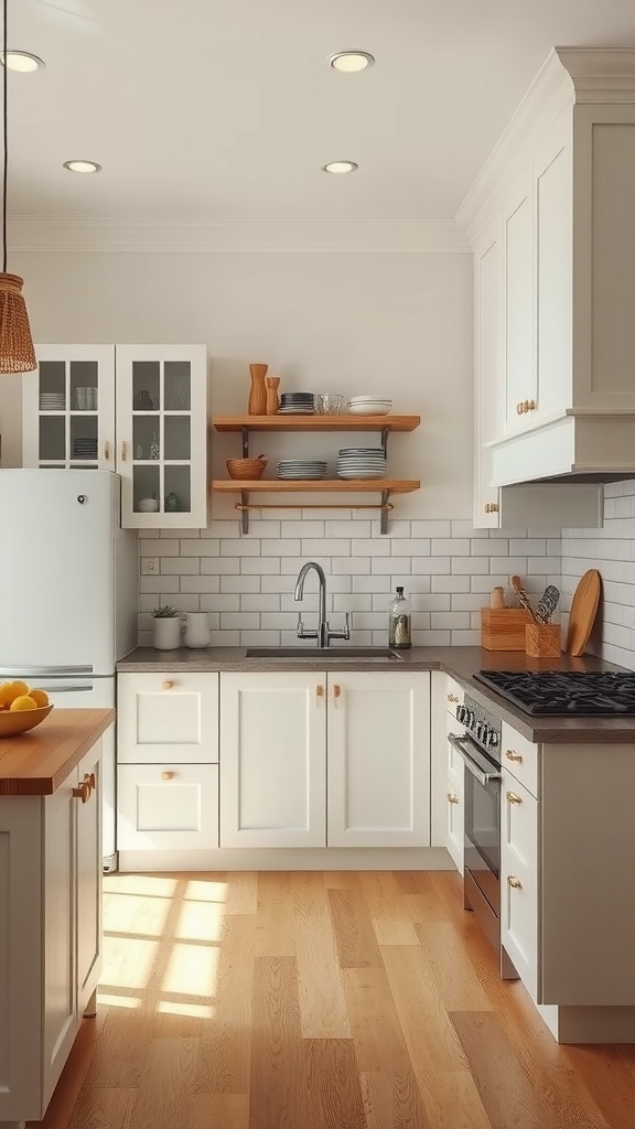 A bright farmhouse kitchen with white freestanding cabinets, wooden shelves, and warm wooden flooring