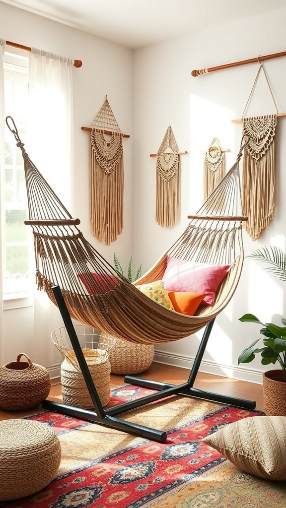 A cozy freestanding hammock in a bright room, surrounded by woven baskets and colorful decor