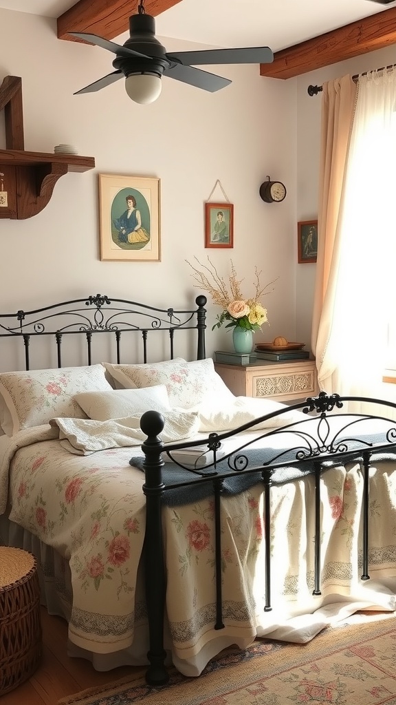 A cozy French Country Boho bedroom with a black iron bed, floral bedding, and wooden accents.