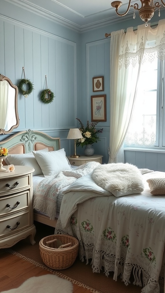 A cozy light blue boho bedroom featuring floral bedding, vintage furniture, and decorative wreaths on blue walls.