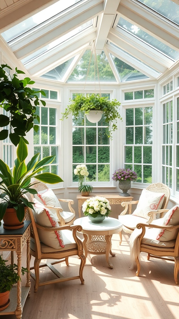 Bright and inviting sunroom with large windows, plants, and stylish furniture
