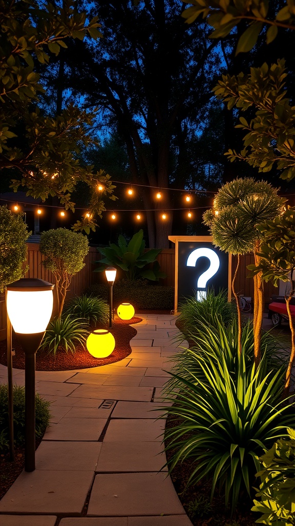 A lit outdoor pathway with solar uplighting, featuring glowing orbs and lanterns surrounded by greenery