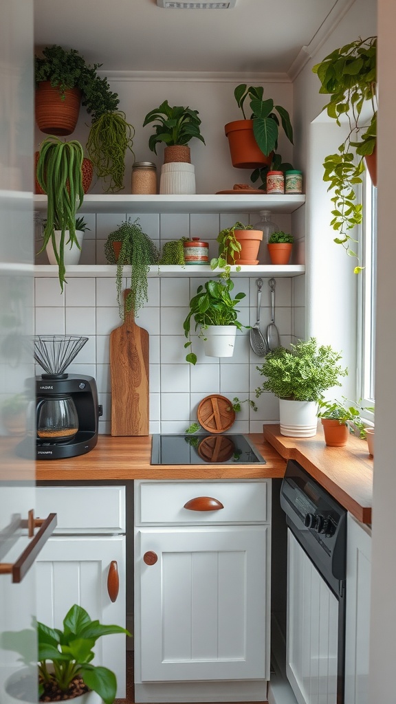 A tiny kitchen with white cabinets and wooden countertops, featuring various potted plants on shelves.