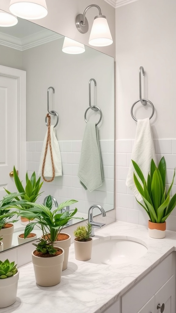 Gray and white bathroom with potted plants on the countertop