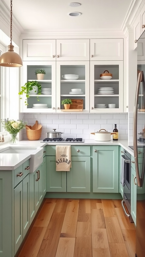 A kitchen featuring two-toned cabinets in fresh mint and white, with open shelving and wooden floors.