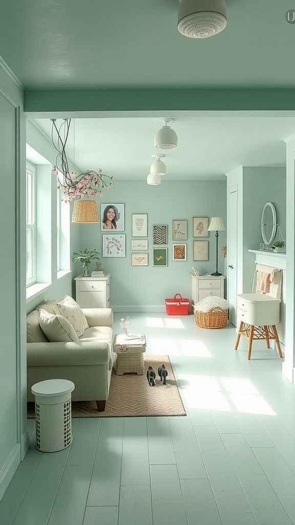A cozy basement painted in fresh mint green with natural light, showcasing comfortable furniture and elegant decor.