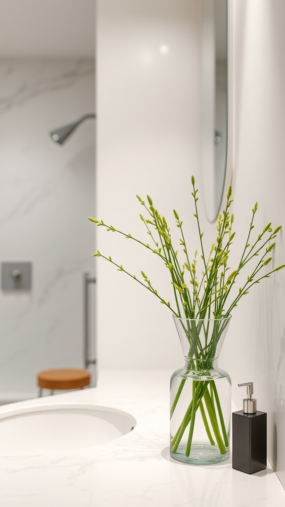 A clear vase with green stems on a marble countertop in a modern bathroom.