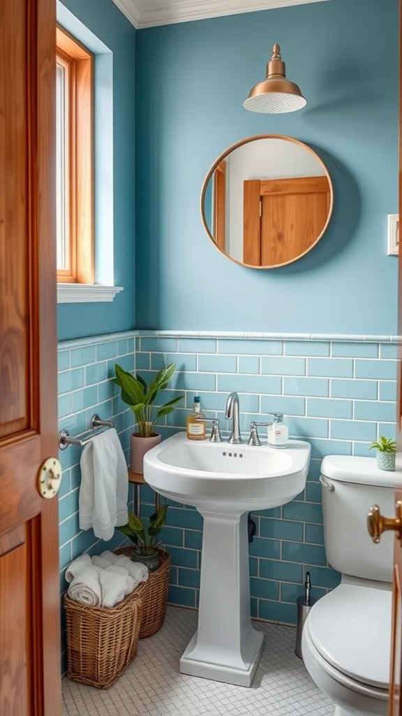 A bright, compact bathroom featuring black sconces, floating shelves with plants, and a modern design.