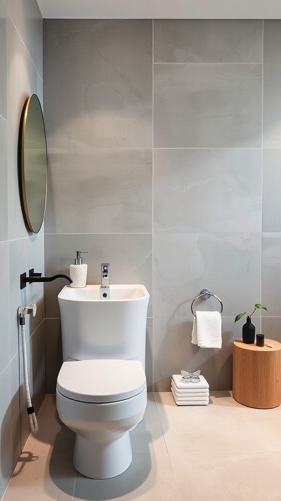 A modern bathroom featuring a sleek toilet, minimalist accessories, and a warm wooden stool.