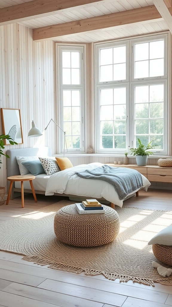 Bright Scandi Boho bedroom with large windows, soft bedding, and natural decor elements.