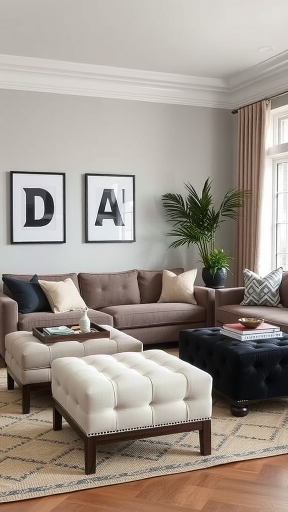 A cozy farmhouse living room featuring two stylish ottomans, one cream and tufted, the other black, with a sofa and decorative elements.