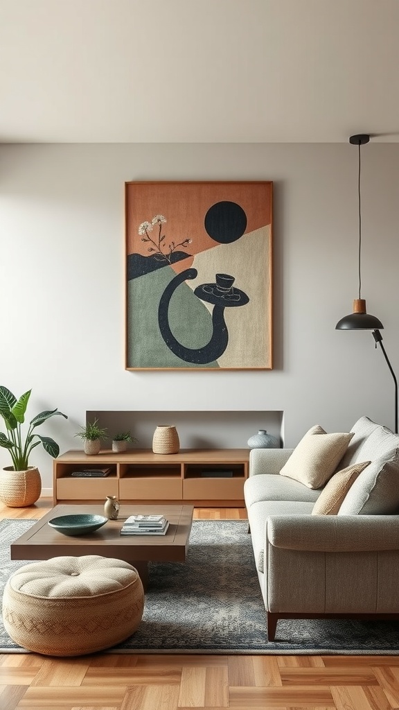 A modern living room featuring an abstract artwork on a statement wall, showcasing a hand holding a cup against warm tones.