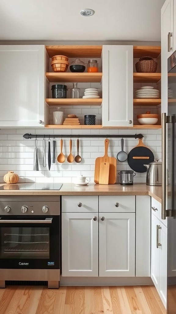 A modern small kitchen with white cabinets, open shelves, and a stylish backsplash featuring white subway tiles.