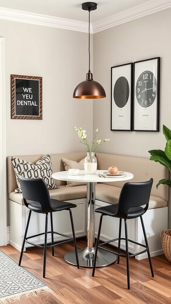 A cozy bar height dining nook featuring a round table, black chairs, and a cushioned bench.