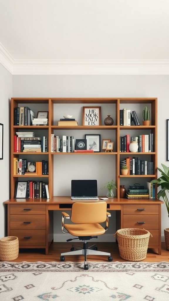 A cozy home office featuring functional bookshelves filled with books and decorative items.