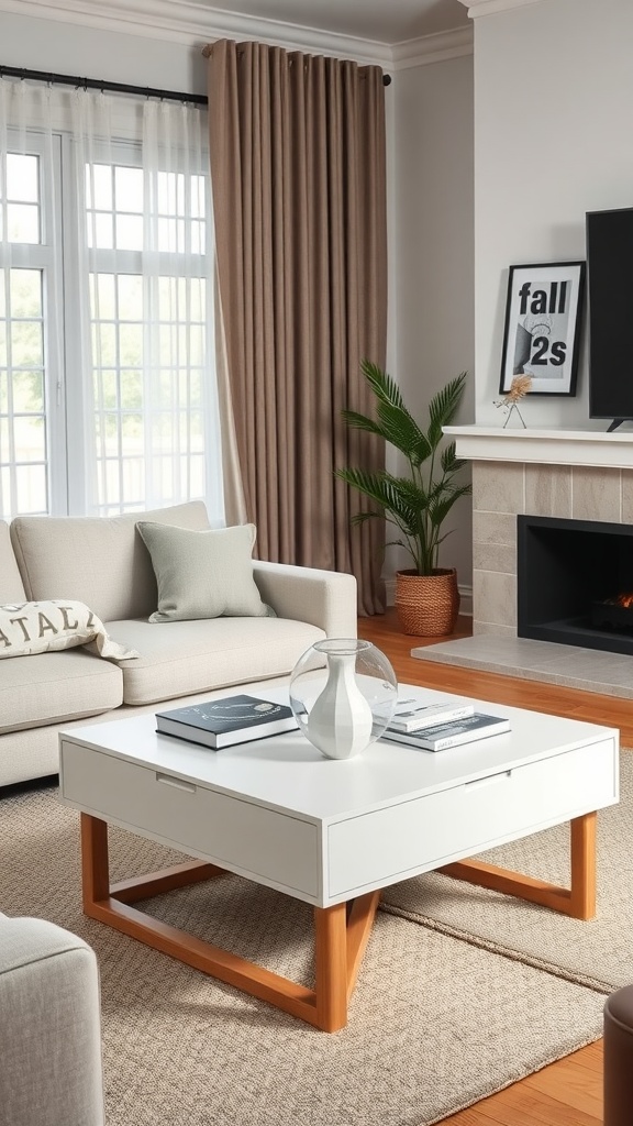 A functional coffee table in a Country Farmhouse Decor Living Room with a white top and wooden legs, surrounded by neutral-toned sofas and a warm rug.