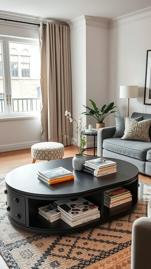 A cozy living room with a sleek black coffee table featuring open shelves, adorned with books and a plant, complemented by a plush sofa and decorative rug.